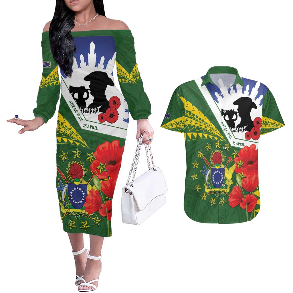 Cook Islands ANZAC Day Couples Matching Off The Shoulder Long Sleeve Dress and Hawaiian Shirt Last Post Lest We Forget LT14 Green - Polynesian Pride