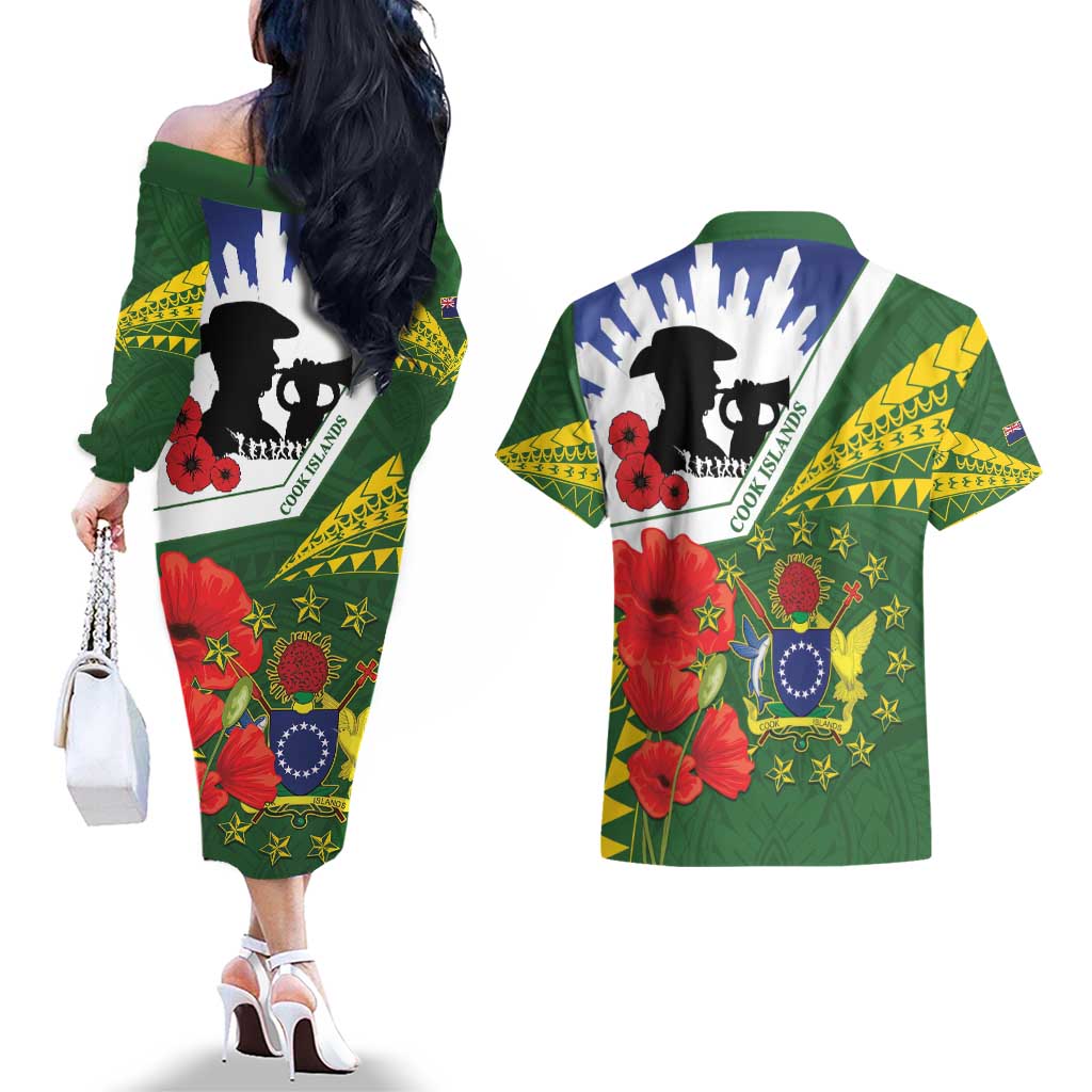 Cook Islands ANZAC Day Couples Matching Off The Shoulder Long Sleeve Dress and Hawaiian Shirt Last Post Lest We Forget LT14 - Polynesian Pride