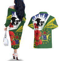 Cook Islands ANZAC Day Couples Matching Off The Shoulder Long Sleeve Dress and Hawaiian Shirt Last Post Lest We Forget LT14 - Polynesian Pride