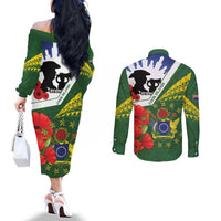 Cook Islands ANZAC Day Couples Matching Off The Shoulder Long Sleeve Dress and Long Sleeve Button Shirt Last Post Lest We Forget