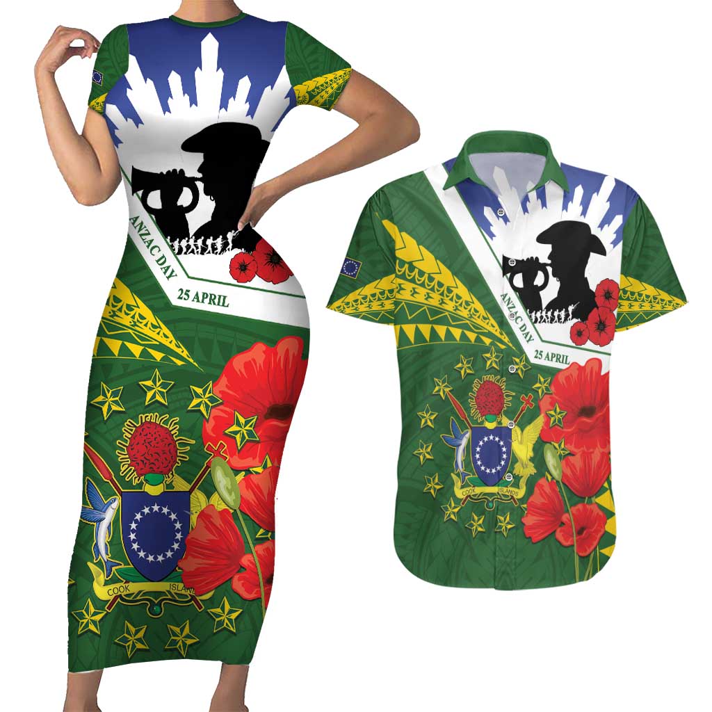Cook Islands ANZAC Day Couples Matching Short Sleeve Bodycon Dress and Hawaiian Shirt Last Post Lest We Forget LT14 Green - Polynesian Pride