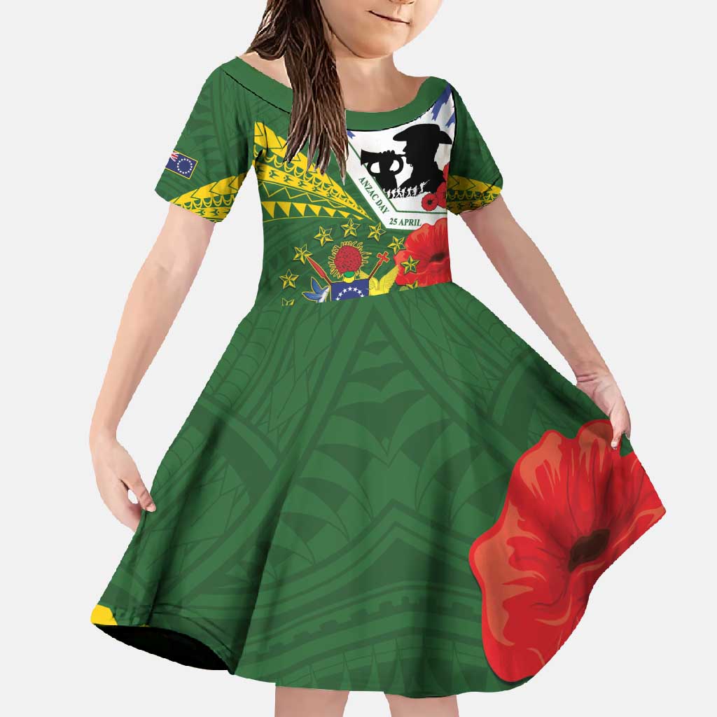 Cook Islands ANZAC Day Family Matching Long Sleeve Bodycon Dress and Hawaiian Shirt Last Post Lest We Forget LT14 Daughter's Dress Green - Polynesian Pride