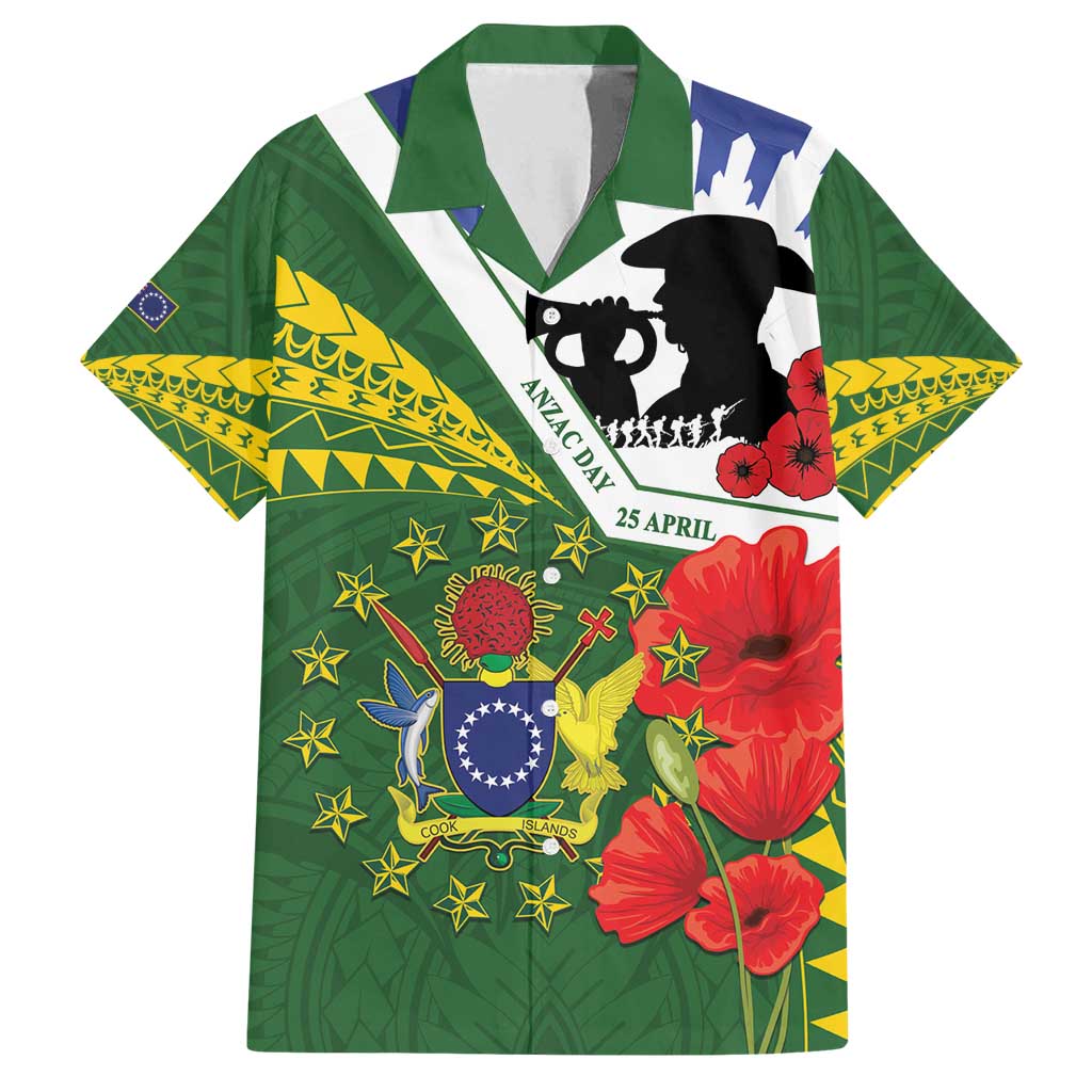 Cook Islands ANZAC Day Family Matching Off Shoulder Maxi Dress and Hawaiian Shirt Last Post Lest We Forget LT14 Dad's Shirt - Short Sleeve Green - Polynesian Pride