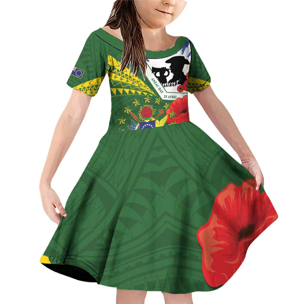 Cook Islands ANZAC Day Family Matching Off Shoulder Short Dress and Hawaiian Shirt Last Post Lest We Forget LT14 Daughter's Dress Green - Polynesian Pride