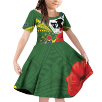 Cook Islands ANZAC Day Family Matching Off Shoulder Short Dress and Hawaiian Shirt Last Post Lest We Forget LT14 Daughter's Dress Green - Polynesian Pride