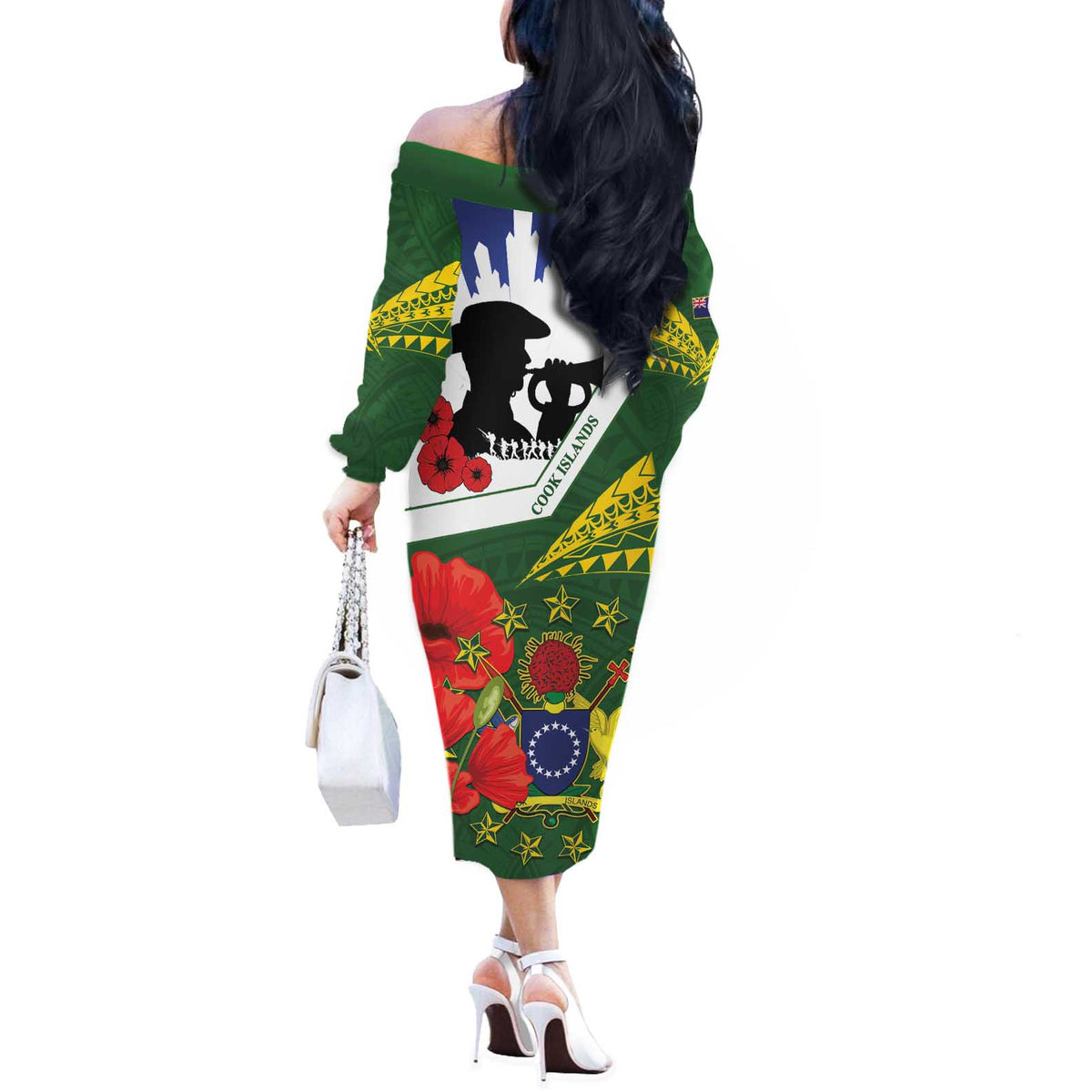 Cook Islands ANZAC Day Off The Shoulder Long Sleeve Dress Last Post Lest We Forget
