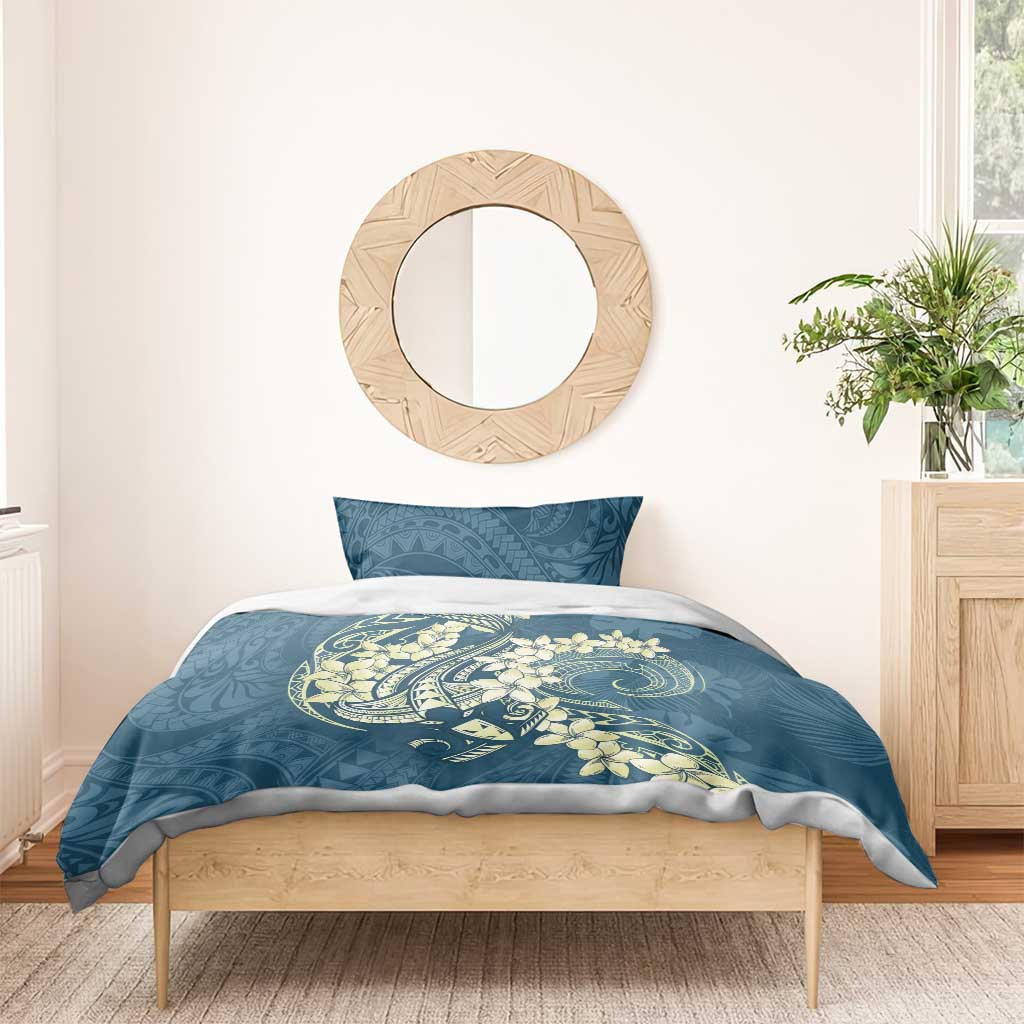 Cyan Polynesia Hammerhead Shark Tattoo With Plumeria Lei Bedding Set