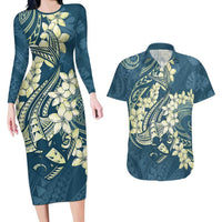 Cyan Polynesia Hammerhead Shark Tattoo With Plumeria Lei Couples Matching Long Sleeve Bodycon Dress and Hawaiian Shirt LT14 Cyan - Polynesian Pride