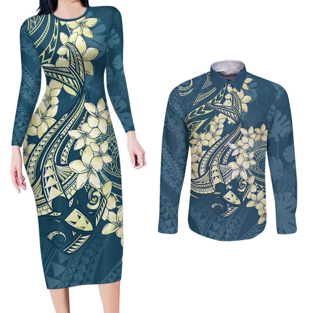 Cyan Polynesia Hammerhead Shark Tattoo With Plumeria Lei Couples Matching Long Sleeve Bodycon Dress and Long Sleeve Button Shirt