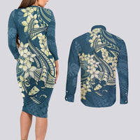 Cyan Polynesia Hammerhead Shark Tattoo With Plumeria Lei Couples Matching Long Sleeve Bodycon Dress and Long Sleeve Button Shirt LT14 - Polynesian Pride