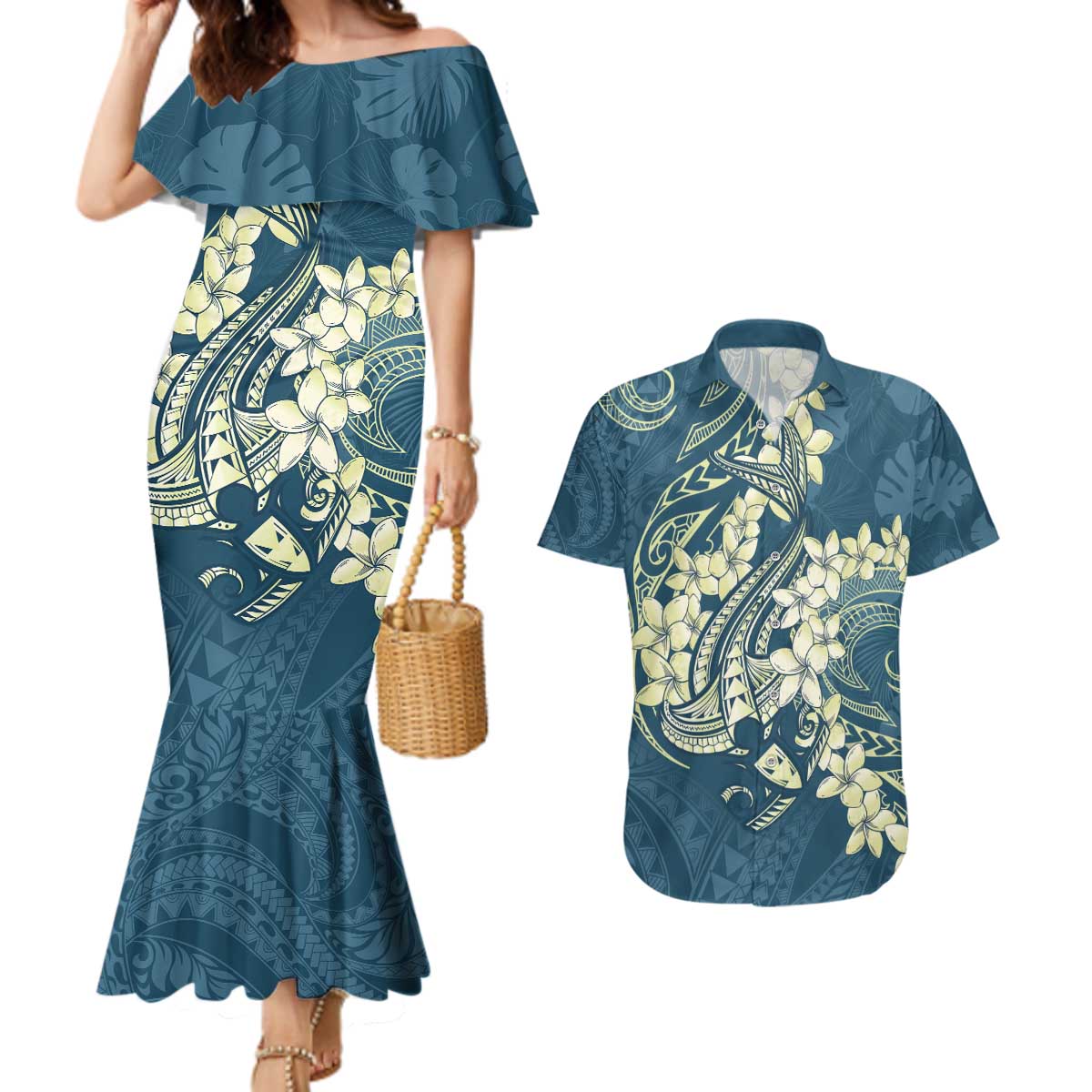 Cyan Polynesia Hammerhead Shark Tattoo With Plumeria Lei Couples Matching Mermaid Dress and Hawaiian Shirt LT14 Cyan - Polynesian Pride