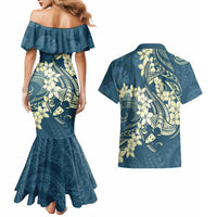 Cyan Polynesia Hammerhead Shark Tattoo With Plumeria Lei Couples Matching Mermaid Dress and Hawaiian Shirt LT14 - Polynesian Pride