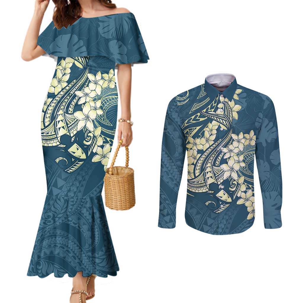 Cyan Polynesia Hammerhead Shark Tattoo With Plumeria Lei Couples Matching Mermaid Dress and Long Sleeve Button Shirt LT14 Cyan - Polynesian Pride
