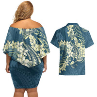 Cyan Polynesia Hammerhead Shark Tattoo With Plumeria Lei Couples Matching Off Shoulder Short Dress and Hawaiian Shirt LT14 - Polynesian Pride