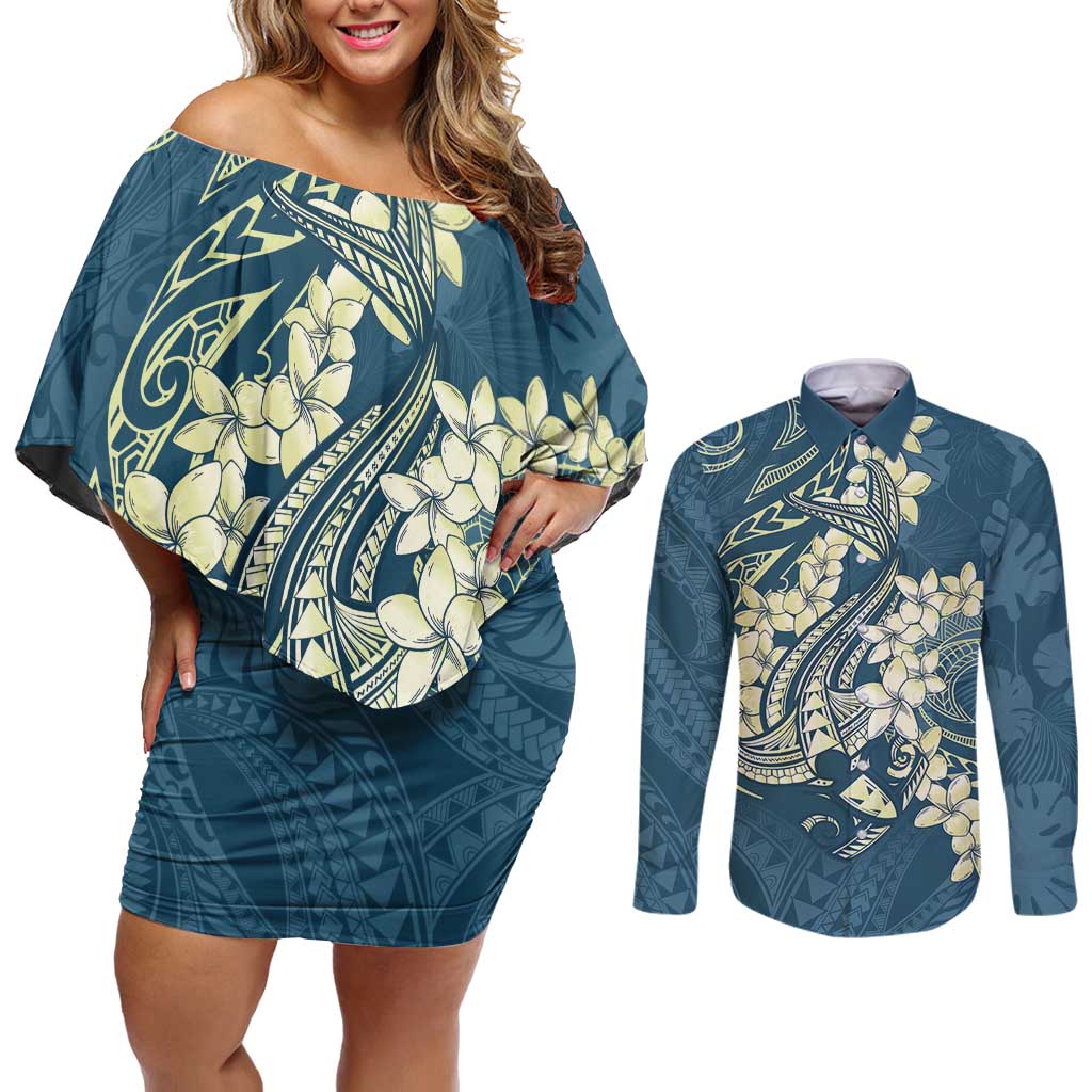 Cyan Polynesia Hammerhead Shark Tattoo With Plumeria Lei Couples Matching Off Shoulder Short Dress and Long Sleeve Button Shirt