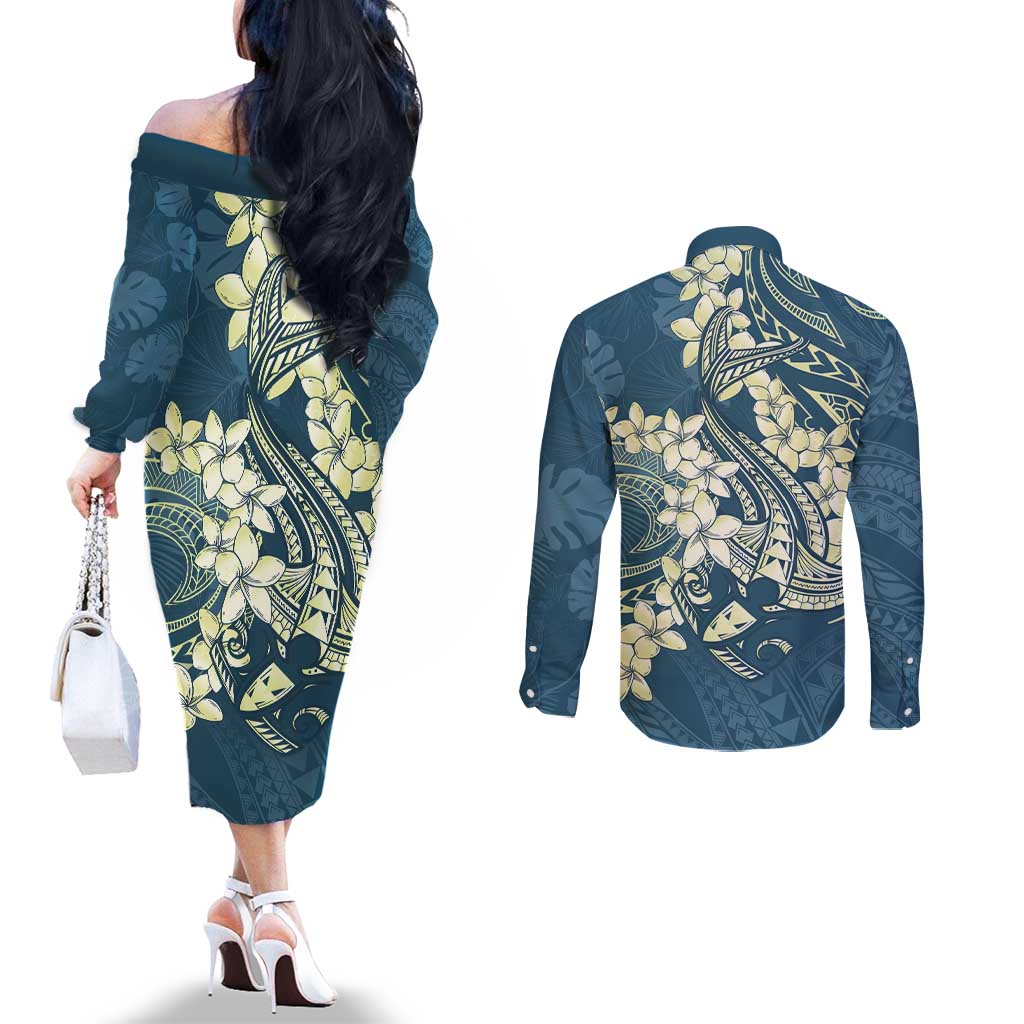Cyan Polynesia Hammerhead Shark Tattoo With Plumeria Lei Couples Matching Off The Shoulder Long Sleeve Dress and Long Sleeve Button Shirt LT14 - Polynesian Pride