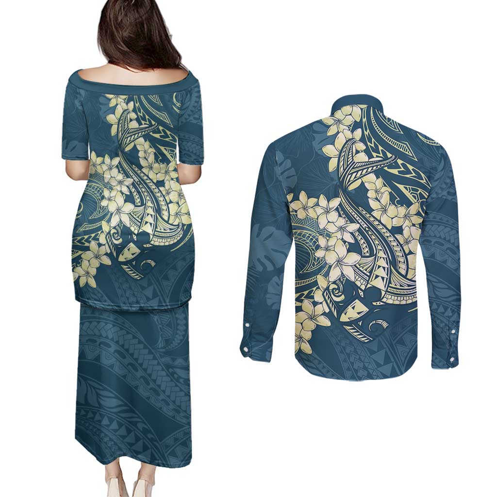 Cyan Polynesia Hammerhead Shark Tattoo With Plumeria Lei Couples Matching Puletasi and Long Sleeve Button Shirt