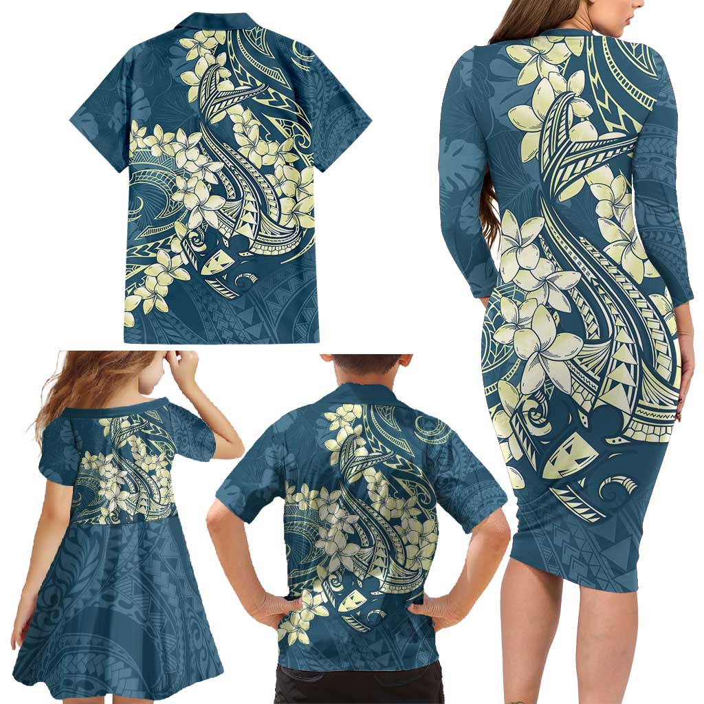 Cyan Polynesia Hammerhead Shark Tattoo With Plumeria Lei Family Matching Long Sleeve Bodycon Dress and Hawaiian Shirt LT14 - Polynesian Pride