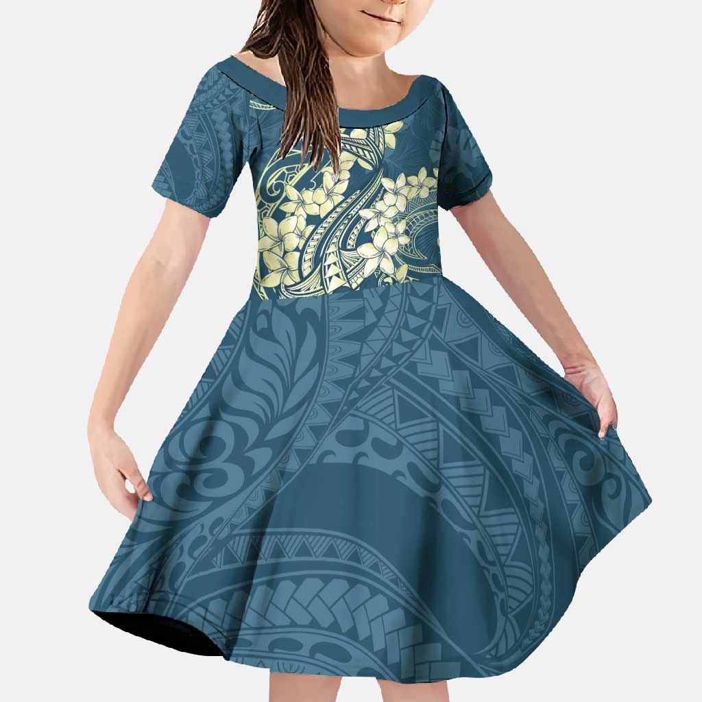 Cyan Polynesia Hammerhead Shark Tattoo With Plumeria Lei Family Matching Mermaid Dress and Hawaiian Shirt LT14 Daughter's Dress Cyan - Polynesian Pride