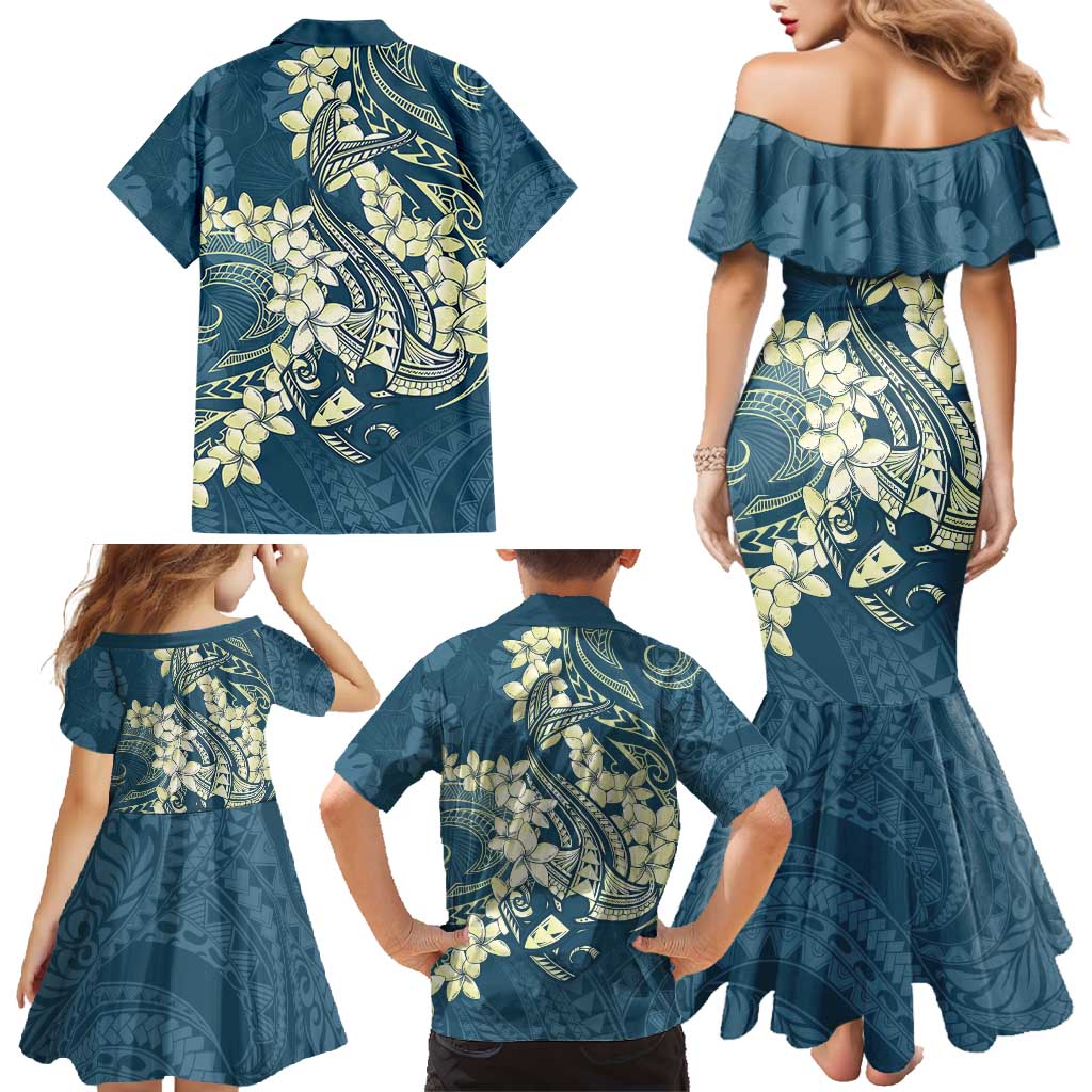 Cyan Polynesia Hammerhead Shark Tattoo With Plumeria Lei Family Matching Mermaid Dress and Hawaiian Shirt LT14 - Polynesian Pride