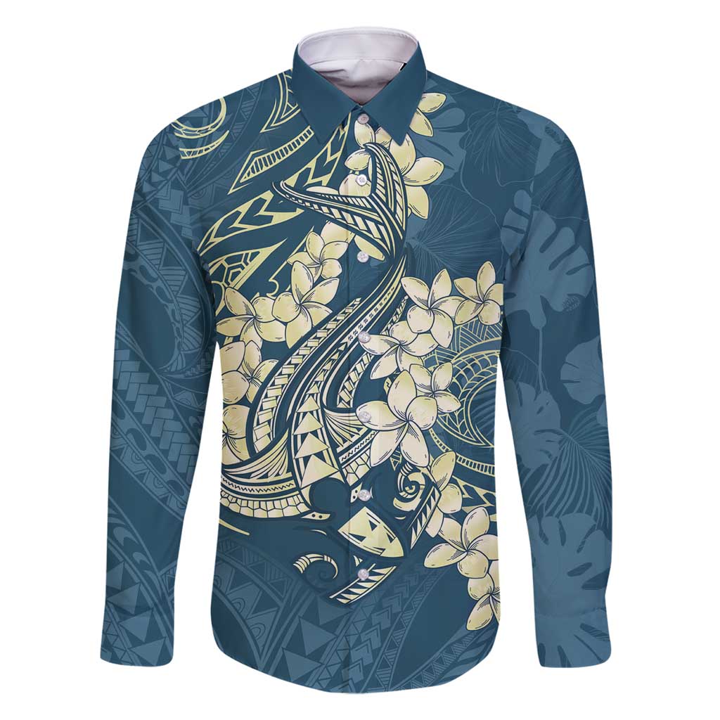 Cyan Polynesia Hammerhead Shark Tattoo With Plumeria Lei Family Matching Mermaid Dress and Hawaiian Shirt LT14 Dad's Shirt - Long Sleeve Cyan - Polynesian Pride