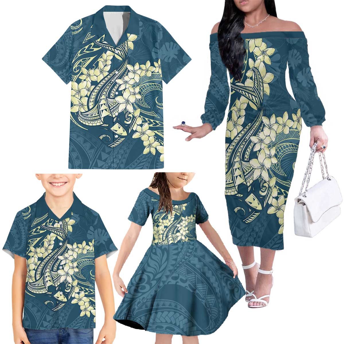 Cyan Polynesia Hammerhead Shark Tattoo With Plumeria Lei Family Matching Off The Shoulder Long Sleeve Dress and Hawaiian Shirt LT14 - Polynesian Pride