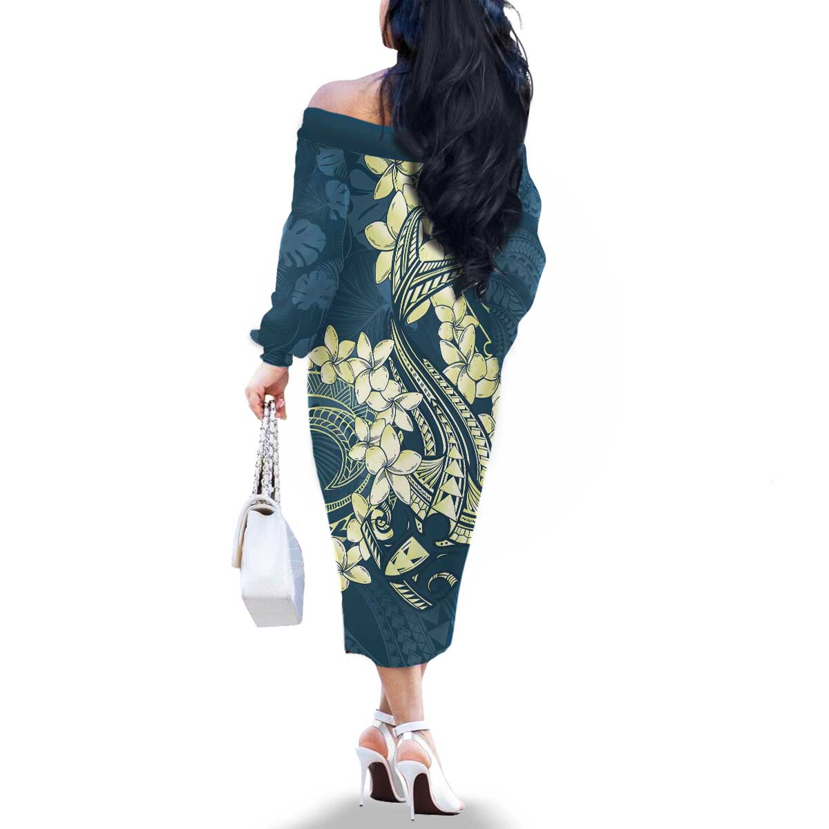 Cyan Polynesia Hammerhead Shark Tattoo With Plumeria Lei Family Matching Off The Shoulder Long Sleeve Dress and Hawaiian Shirt LT14 - Polynesian Pride