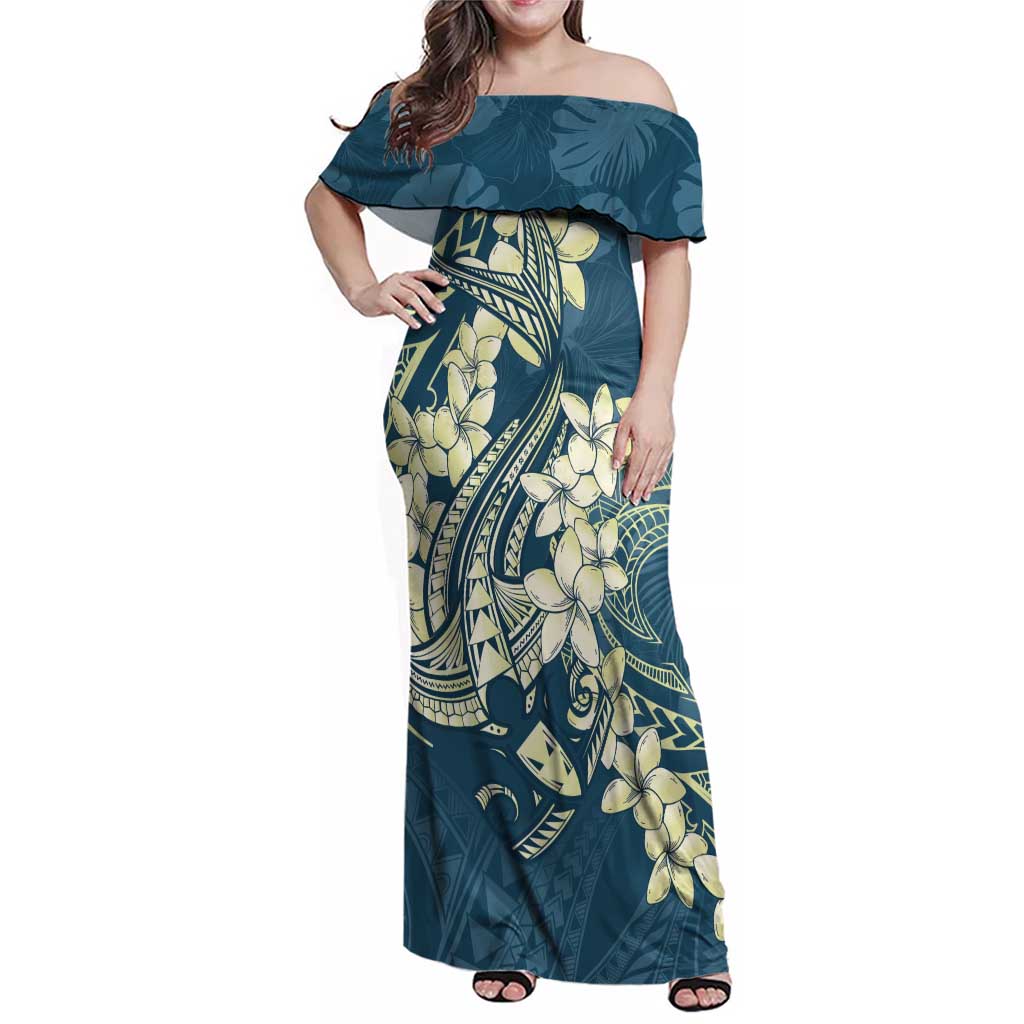 Cyan Polynesia Hammerhead Shark Tattoo With Plumeria Lei Family Matching Off Shoulder Maxi Dress and Hawaiian Shirt LT14 Mom's Dress Cyan - Polynesian Pride