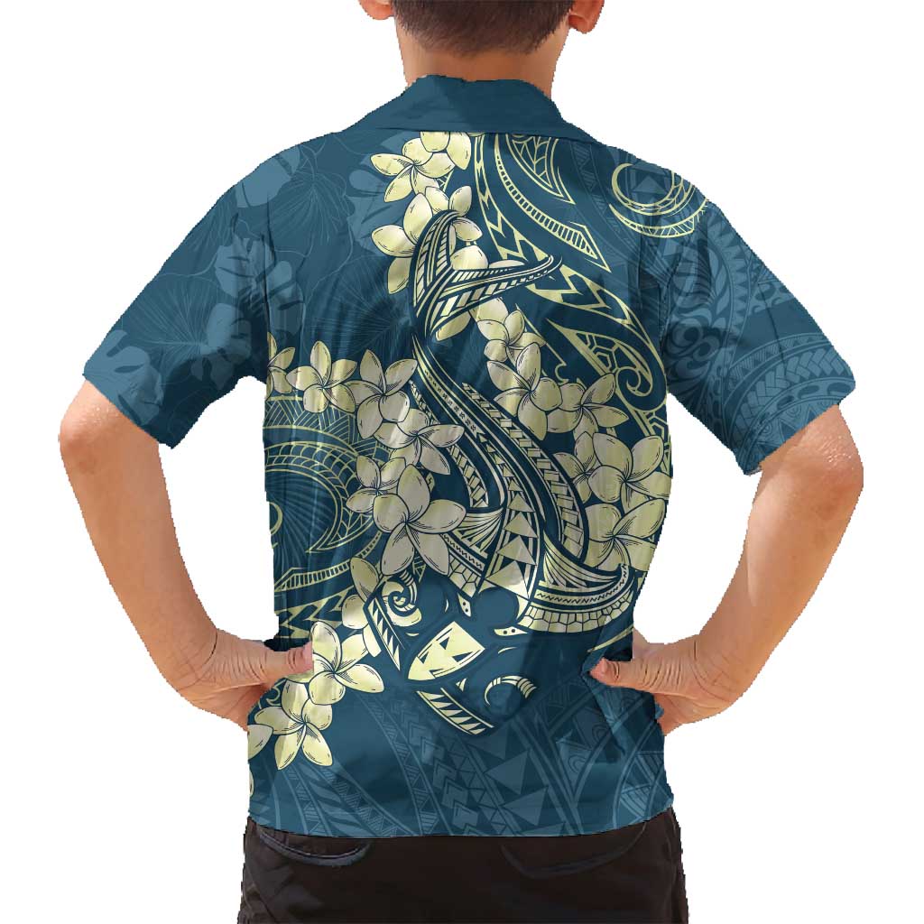 Cyan Polynesia Hammerhead Shark Tattoo With Plumeria Lei Family Matching Off Shoulder Short Dress and Hawaiian Shirt LT14 - Polynesian Pride