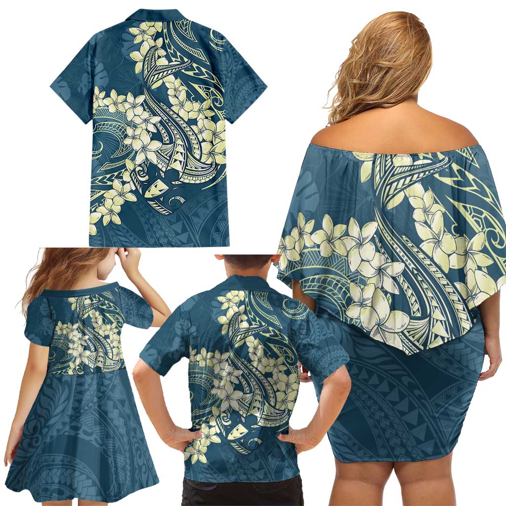 Cyan Polynesia Hammerhead Shark Tattoo With Plumeria Lei Family Matching Off Shoulder Short Dress and Hawaiian Shirt LT14 - Polynesian Pride