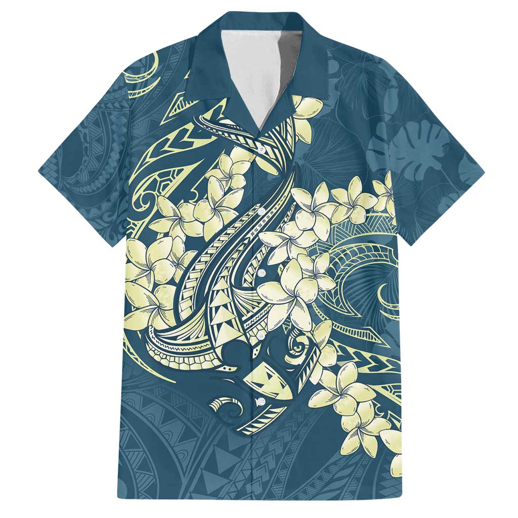 Cyan Polynesia Hammerhead Shark Tattoo With Plumeria Lei Family Matching Off Shoulder Short Dress and Hawaiian Shirt LT14 Dad's Shirt - Short Sleeve Cyan - Polynesian Pride