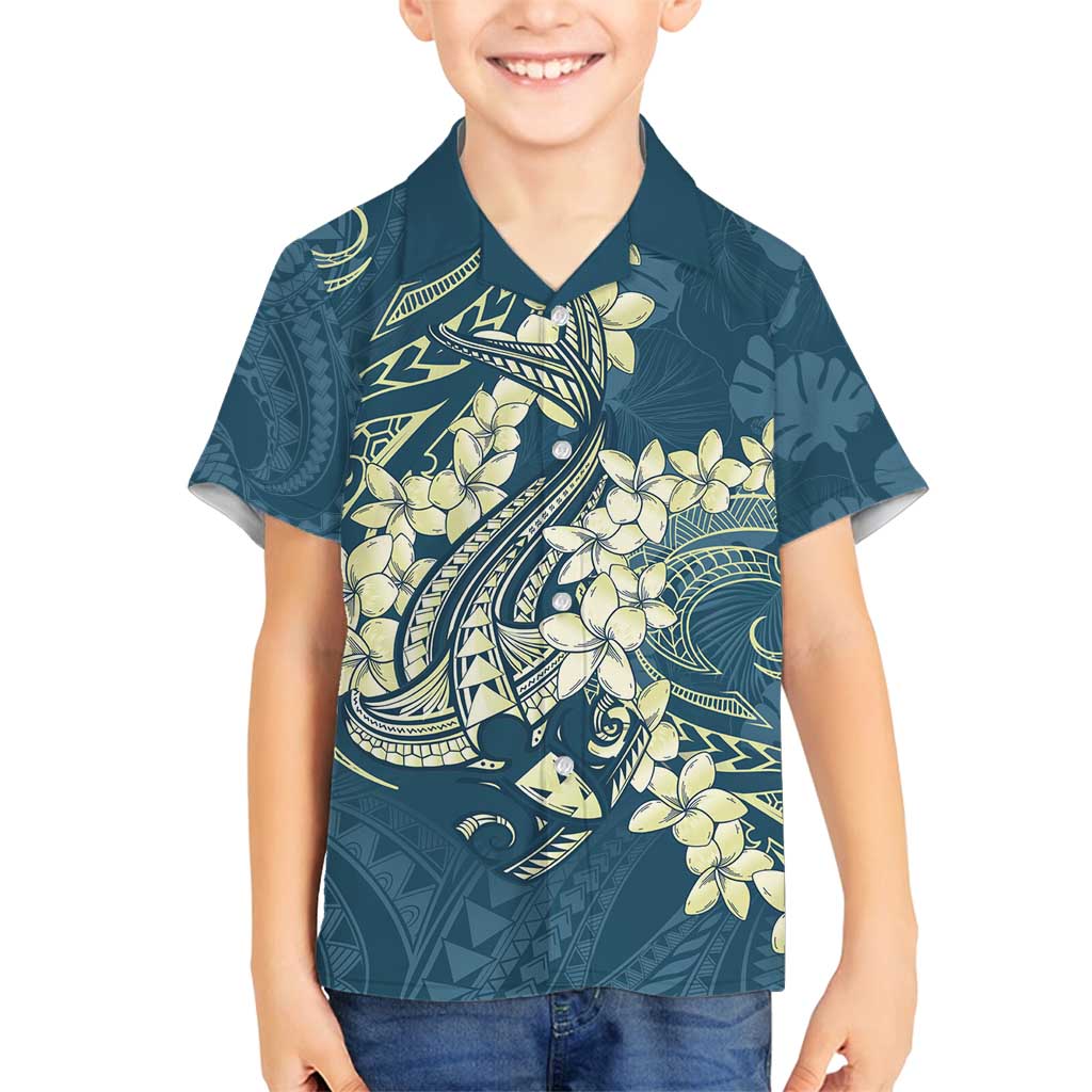Cyan Polynesia Hammerhead Shark Tattoo With Plumeria Lei Family Matching Off Shoulder Short Dress and Hawaiian Shirt LT14 Son's Shirt Cyan - Polynesian Pride