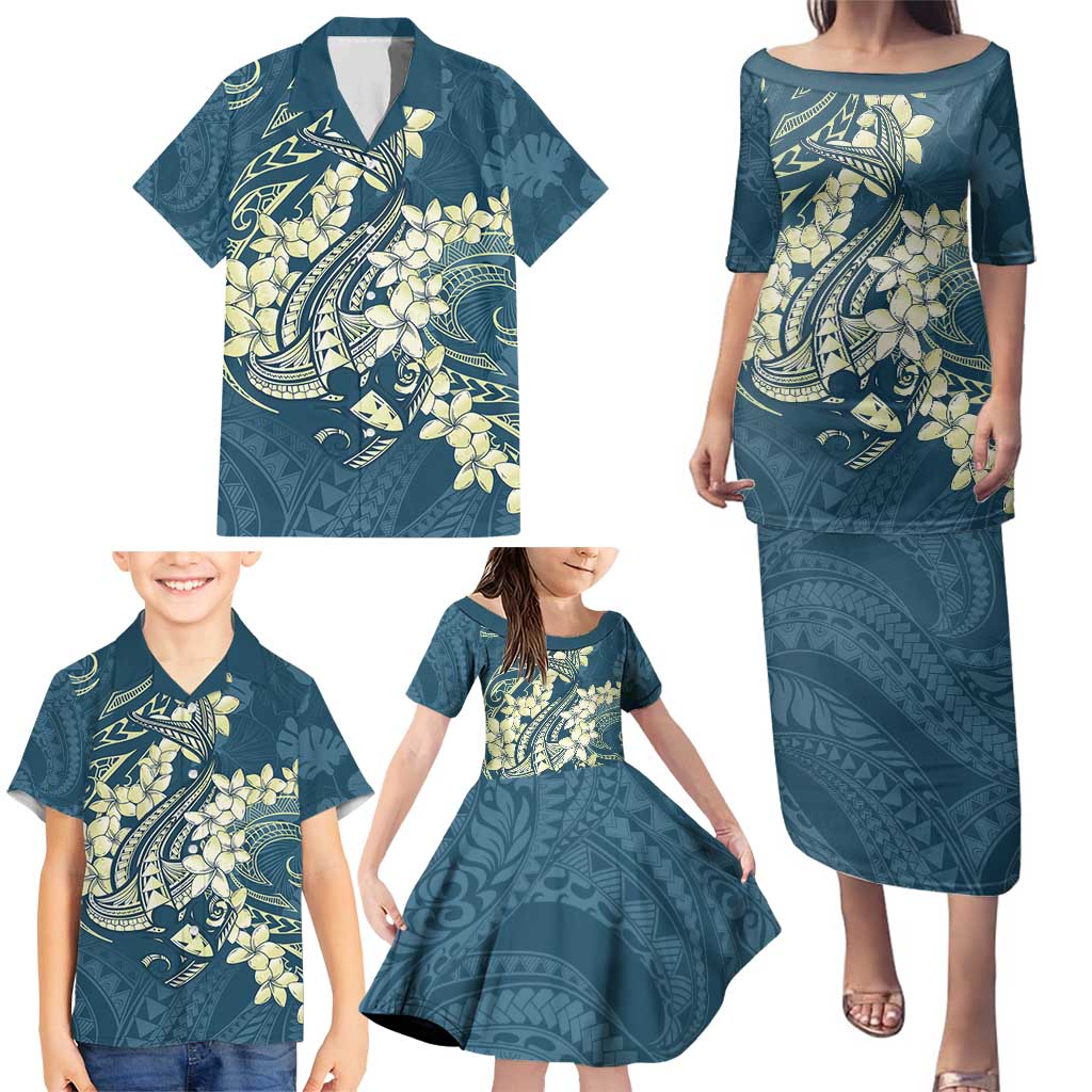 Cyan Polynesia Hammerhead Shark Tattoo With Plumeria Lei Family Matching Puletasi and Hawaiian Shirt