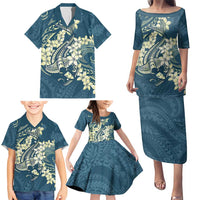 Cyan Polynesia Hammerhead Shark Tattoo With Plumeria Lei Family Matching Puletasi and Hawaiian Shirt LT14 - Polynesian Pride