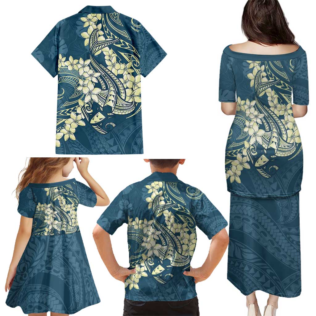 Cyan Polynesia Hammerhead Shark Tattoo With Plumeria Lei Family Matching Puletasi and Hawaiian Shirt LT14 - Polynesian Pride