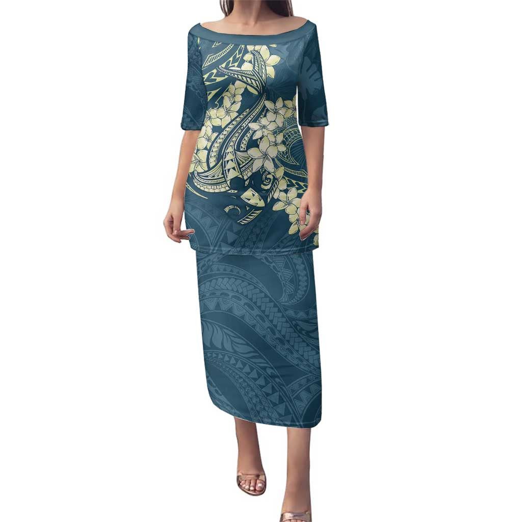 Cyan Polynesia Hammerhead Shark Tattoo With Plumeria Lei Family Matching Puletasi and Hawaiian Shirt LT14 Mom's Dress Cyan - Polynesian Pride