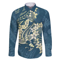 Cyan Polynesia Hammerhead Shark Tattoo With Plumeria Lei Family Matching Short Sleeve Bodycon Dress and Hawaiian Shirt LT14 Dad's Shirt - Long Sleeve Cyan - Polynesian Pride