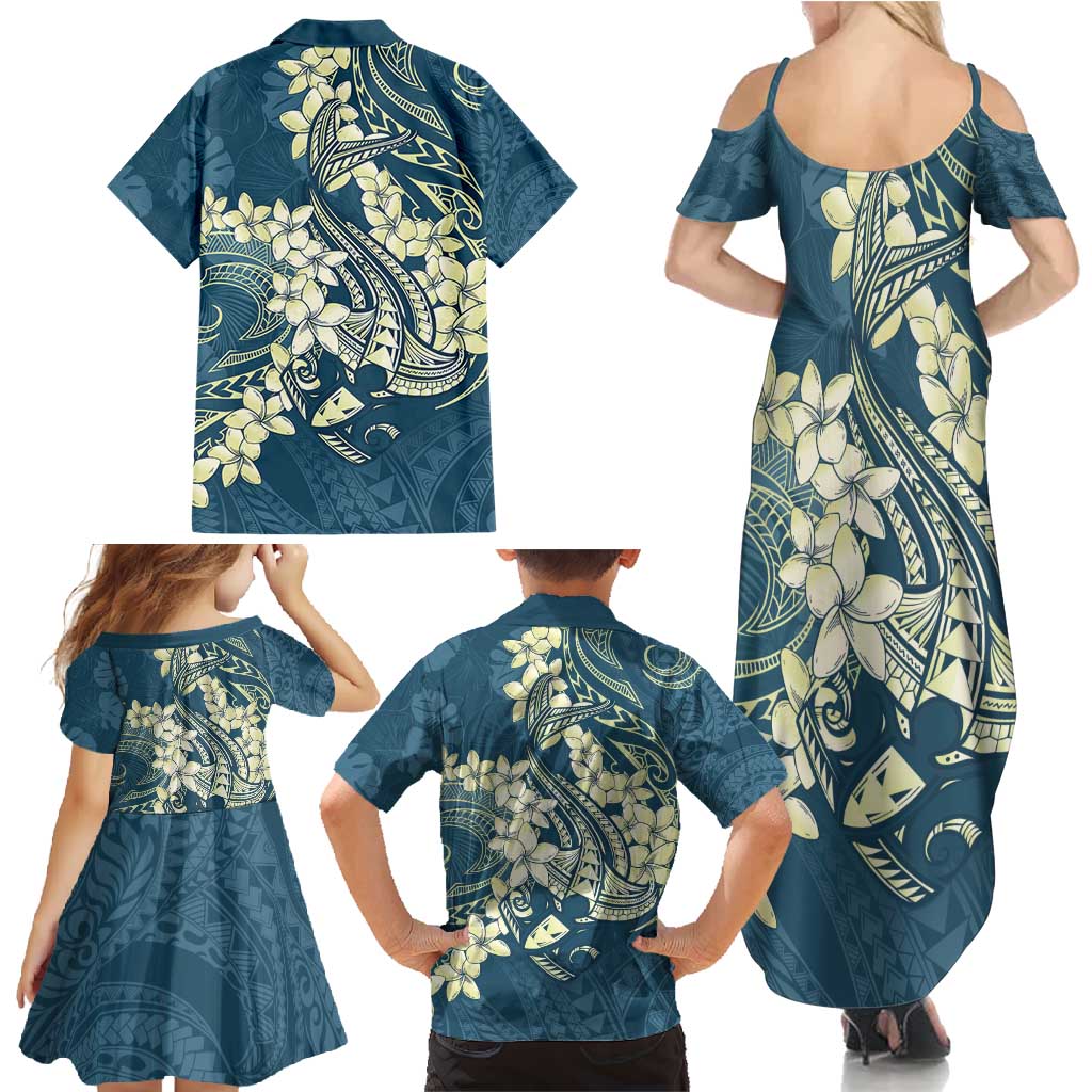 Cyan Polynesia Hammerhead Shark Tattoo With Plumeria Lei Family Matching Summer Maxi Dress and Hawaiian Shirt LT14 - Polynesian Pride