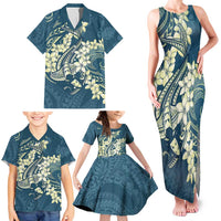 Cyan Polynesia Hammerhead Shark Tattoo With Plumeria Lei Family Matching Tank Maxi Dress and Hawaiian Shirt LT14 - Polynesian Pride