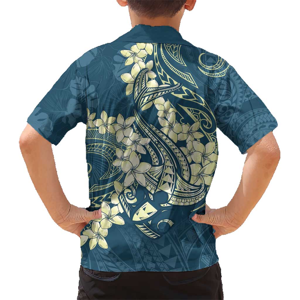 Cyan Polynesia Hammerhead Shark Tattoo With Plumeria Lei Hawaiian Shirt