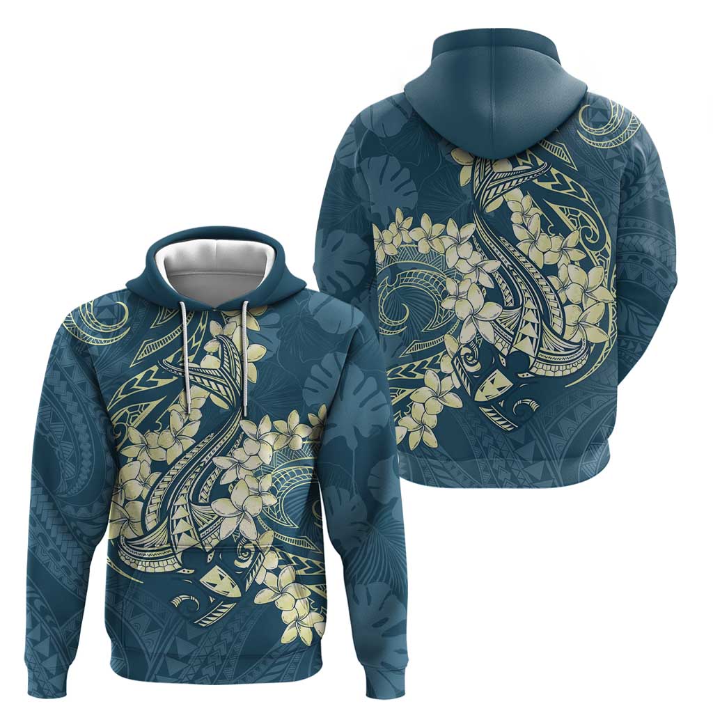 Cyan Polynesia Hammerhead Shark Tattoo With Plumeria Lei Hoodie