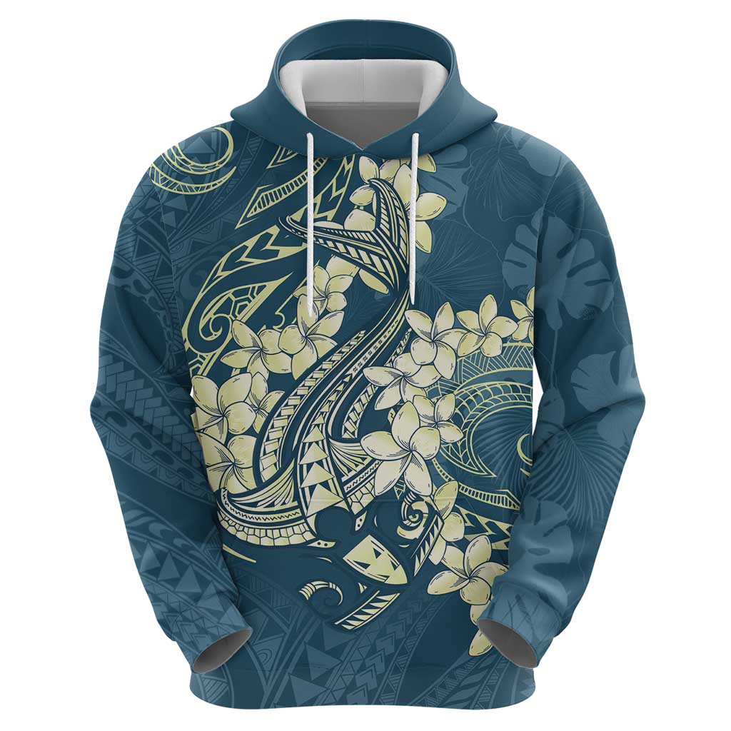 Cyan Polynesia Hammerhead Shark Tattoo With Plumeria Lei Hoodie