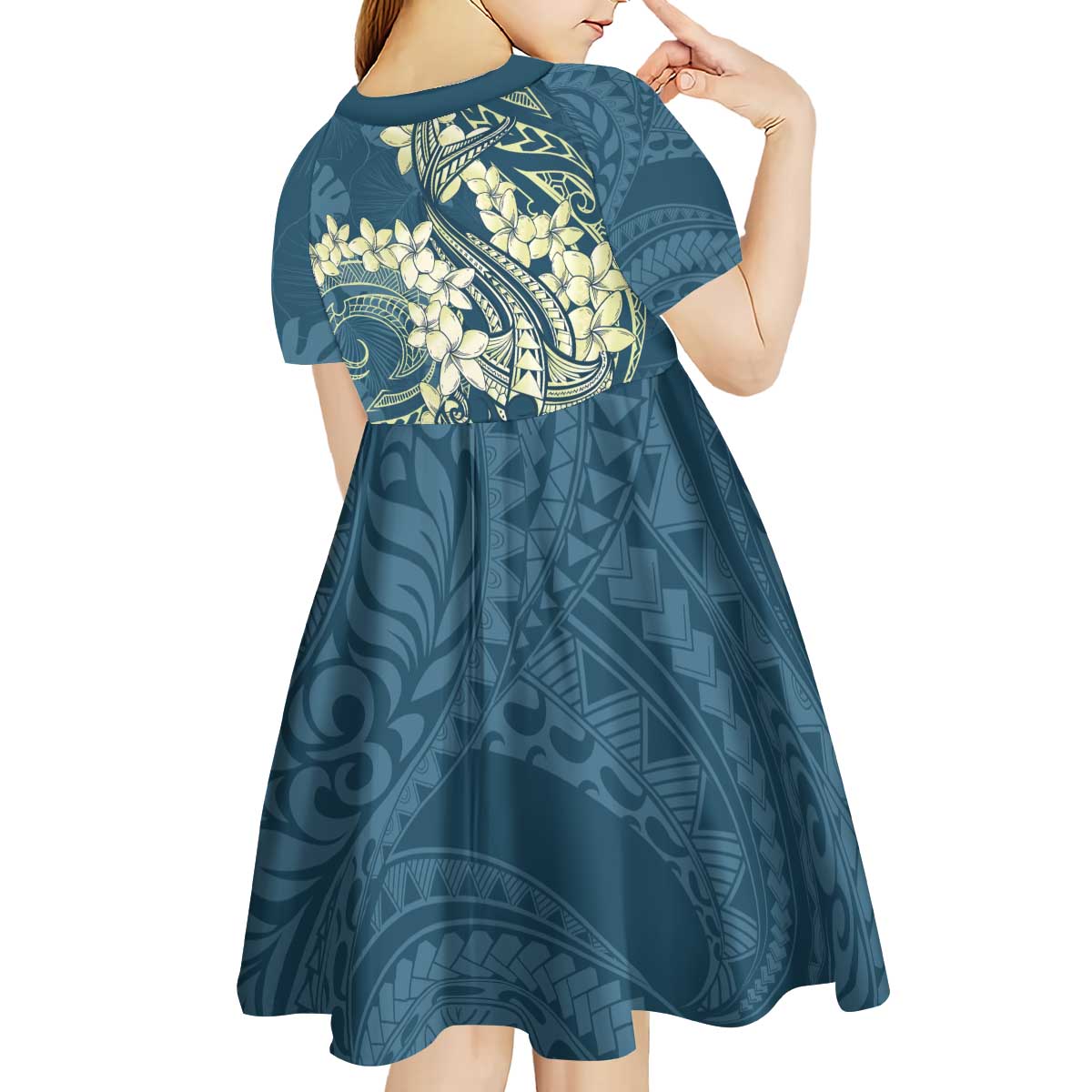 Cyan Polynesia Hammerhead Shark Tattoo With Plumeria Lei Kid Short Sleeve Dress