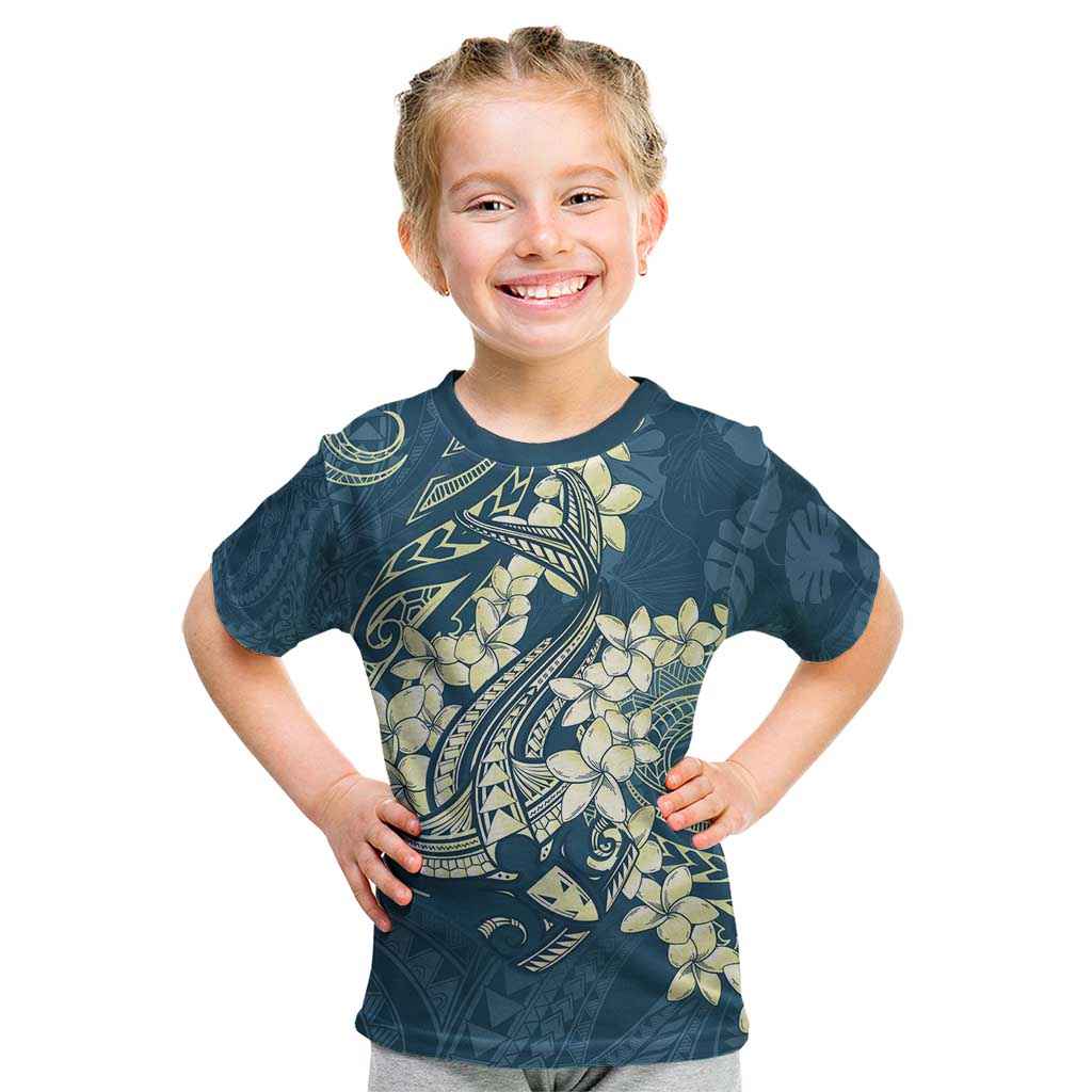 Cyan Polynesia Hammerhead Shark Tattoo With Plumeria Lei Kid T Shirt