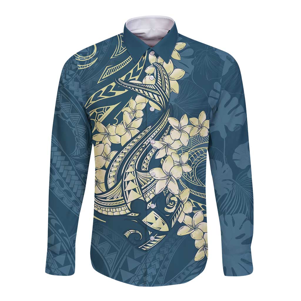 Cyan Polynesia Hammerhead Shark Tattoo With Plumeria Lei Long Sleeve Button Shirt