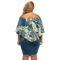 Cyan Polynesia Hammerhead Shark Tattoo With Plumeria Lei Off Shoulder Short Dress