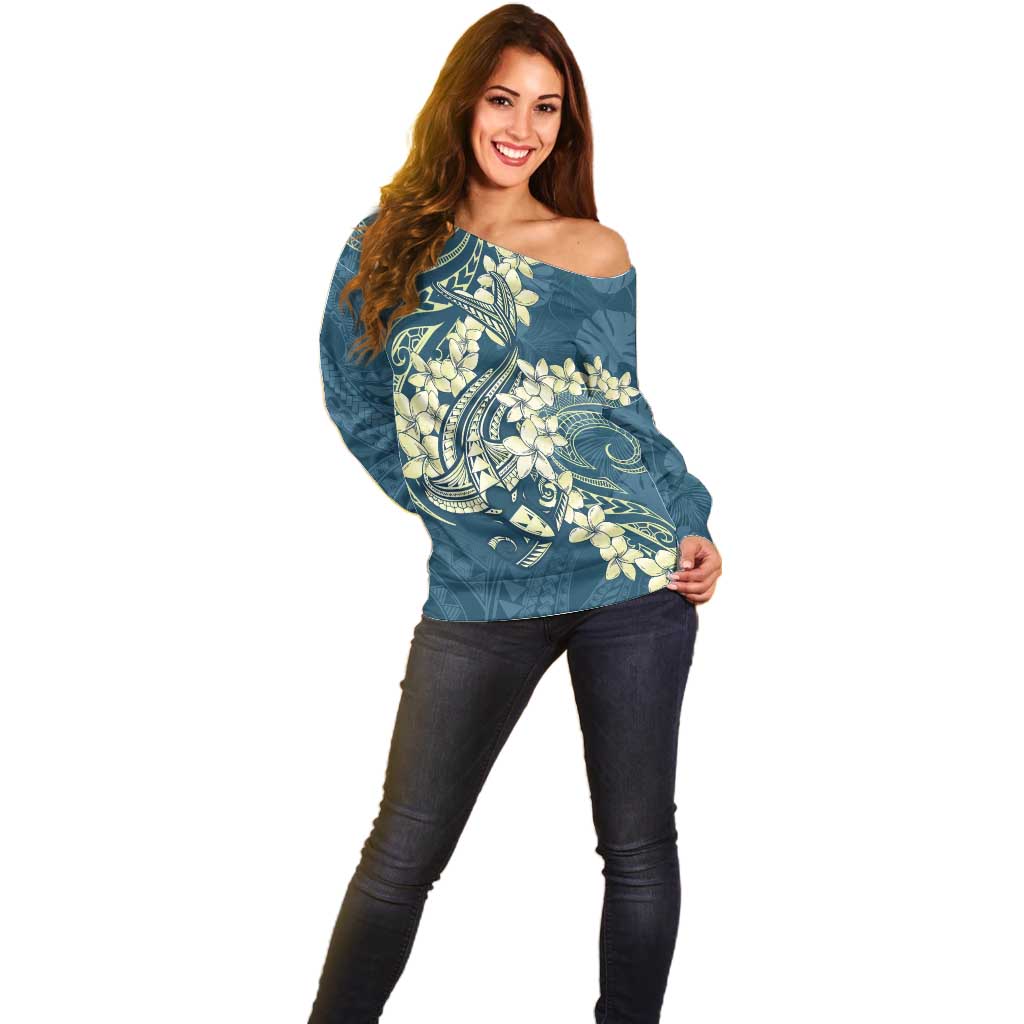 Cyan Polynesia Hammerhead Shark Tattoo With Plumeria Lei Off Shoulder Sweater