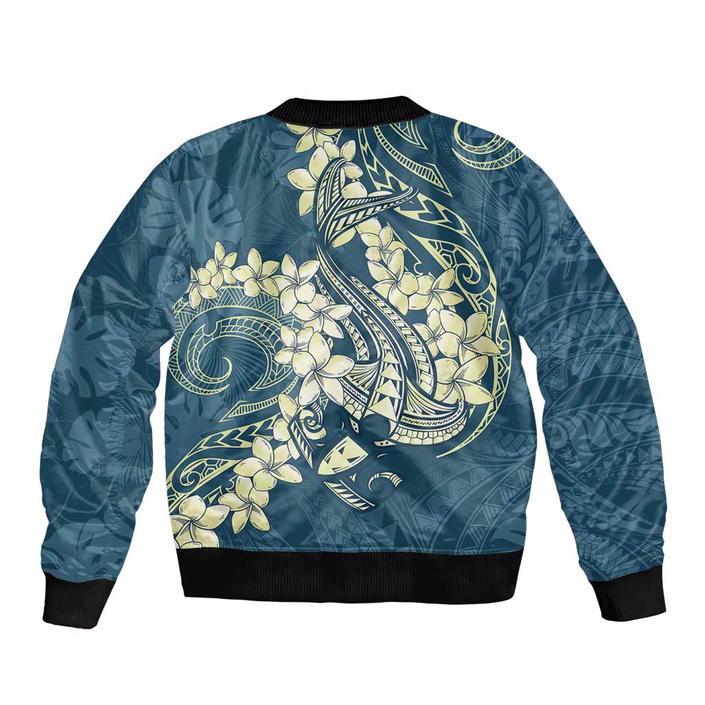 Cyan Polynesia Hammerhead Shark Tattoo With Plumeria Lei Sleeve Zip Bomber Jacket LT14 - Polynesian Pride
