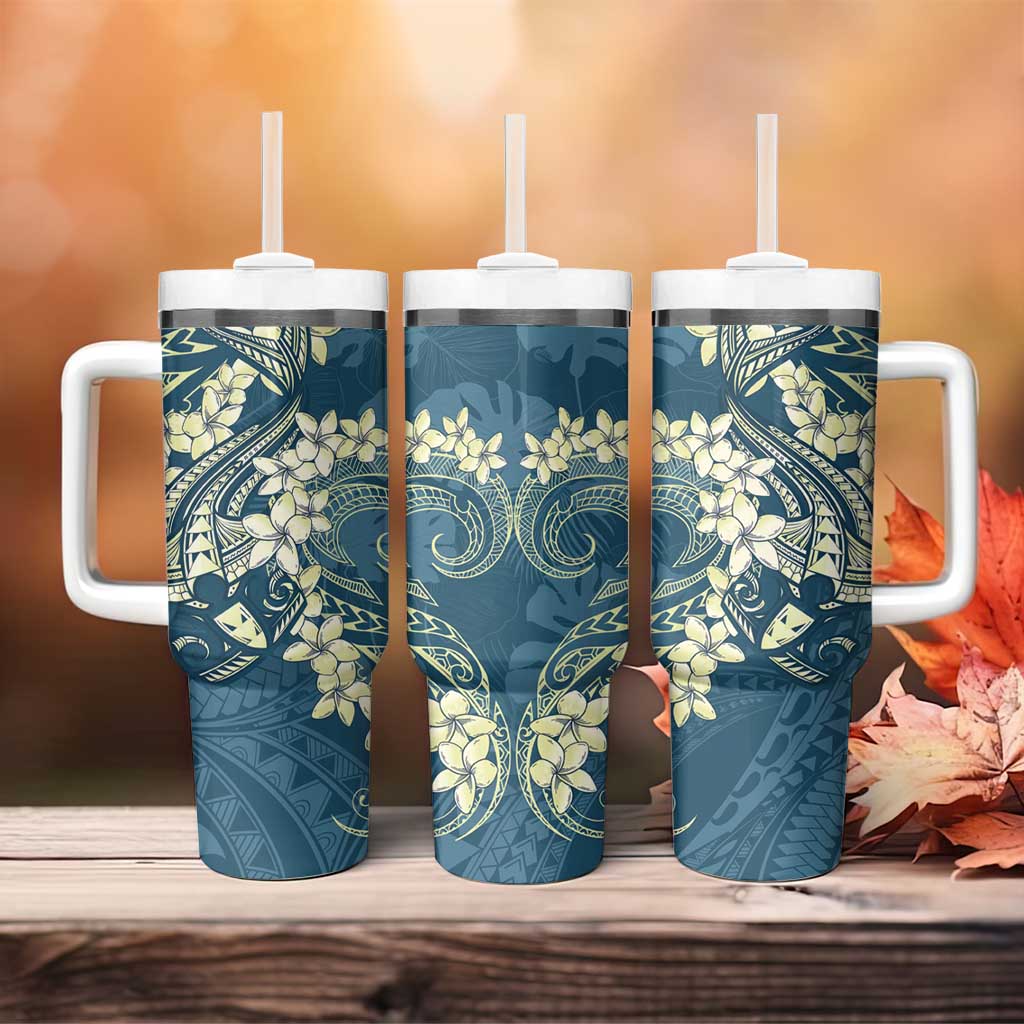 Cyan Polynesia Hammerhead Shark Tattoo With Plumeria Lei Tumbler With Handle