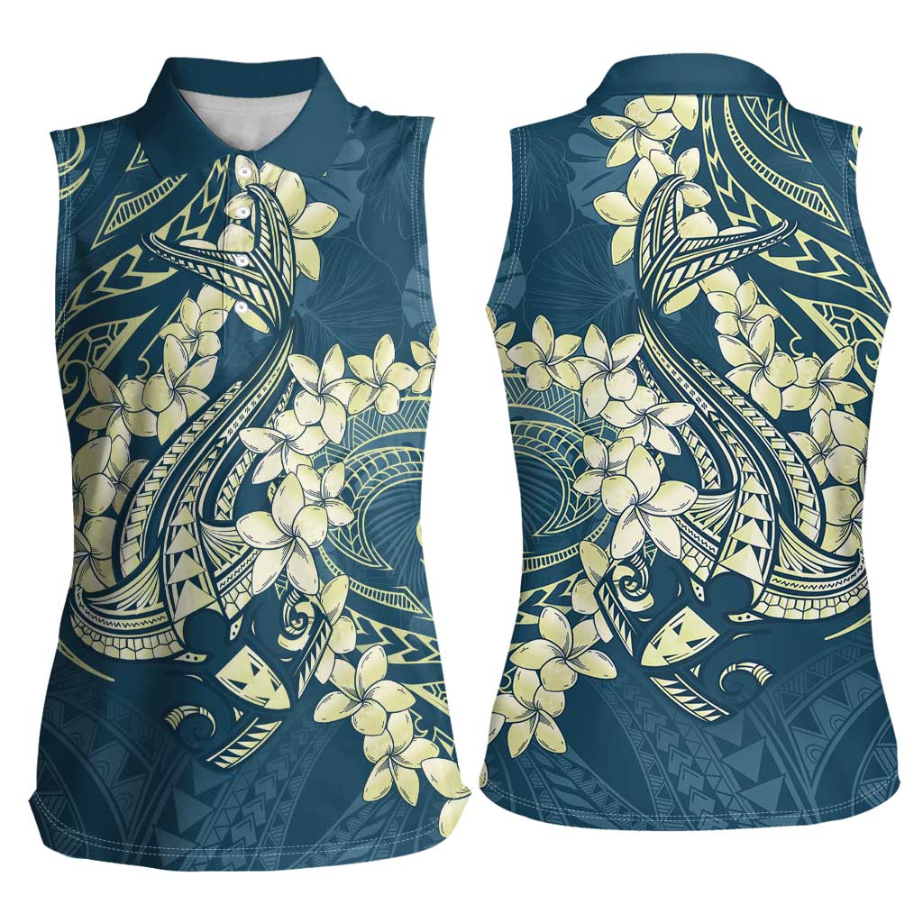 Cyan Polynesia Hammerhead Shark Tattoo With Plumeria Lei Women Sleeveless Polo Shirt